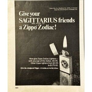 Zippo Zodiac Lighter"Give Your Sagittarius Friends a Zippo Zodiac!"Print Ad 1970